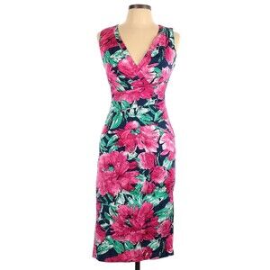Pamela Scott Zapara Sleeveless Sheath Dress Pink Green Floral Cotton-Blend Sz S